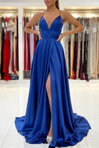 Vestidos de fiesta largos azul real con corte en A y espalda descubierta