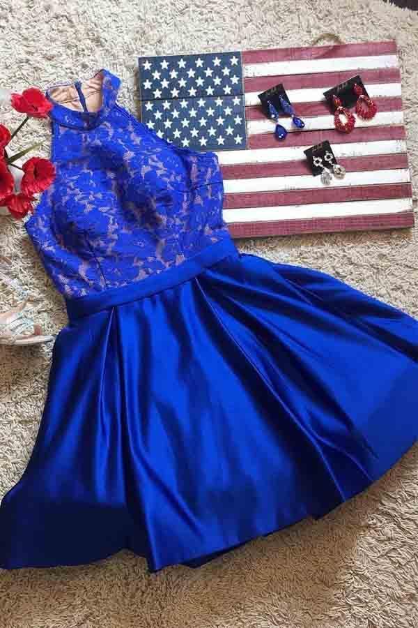 Vestidos de fiesta cortos de satén con cuello halter azul real, vestidos de bienvenida PD161