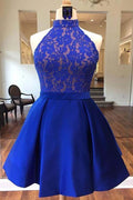 Vestidos de fiesta cortos de satén con cuello halter azul real, vestidos de bienvenida PD161