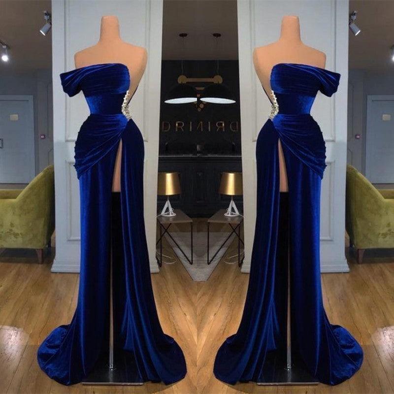 Königsblaues, schulterfreies, langes Ball-/Abendkleid mit Schlitz