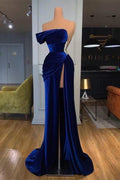 Königsblaues, schulterfreies, langes Ball-/Abendkleid mit Schlitz