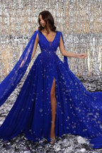 Königsblaues, ärmelloses Chiffon-Ballkleid mit V-Ausschnitt, Schlitz vorne und Rüschen
