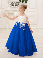 Vestido de niña de las flores con cola larga y tul con encaje desmontable 
