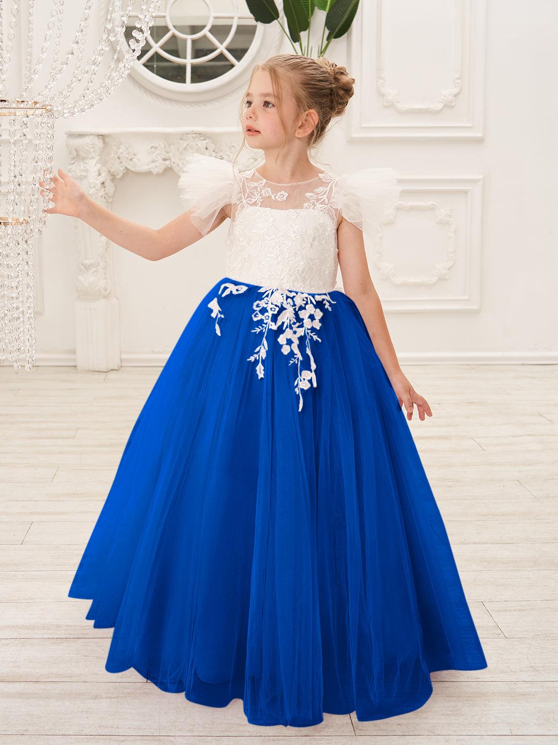 Vestido de niña de las flores con cola larga y tul con encaje desmontable 