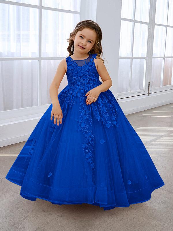 Vestido de princesa rosa para niña con apliques de encaje 