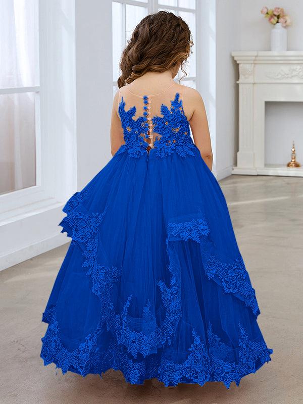 Vestido de princesa de tul sin mangas con apliques de encaje y cola larga para niñas 