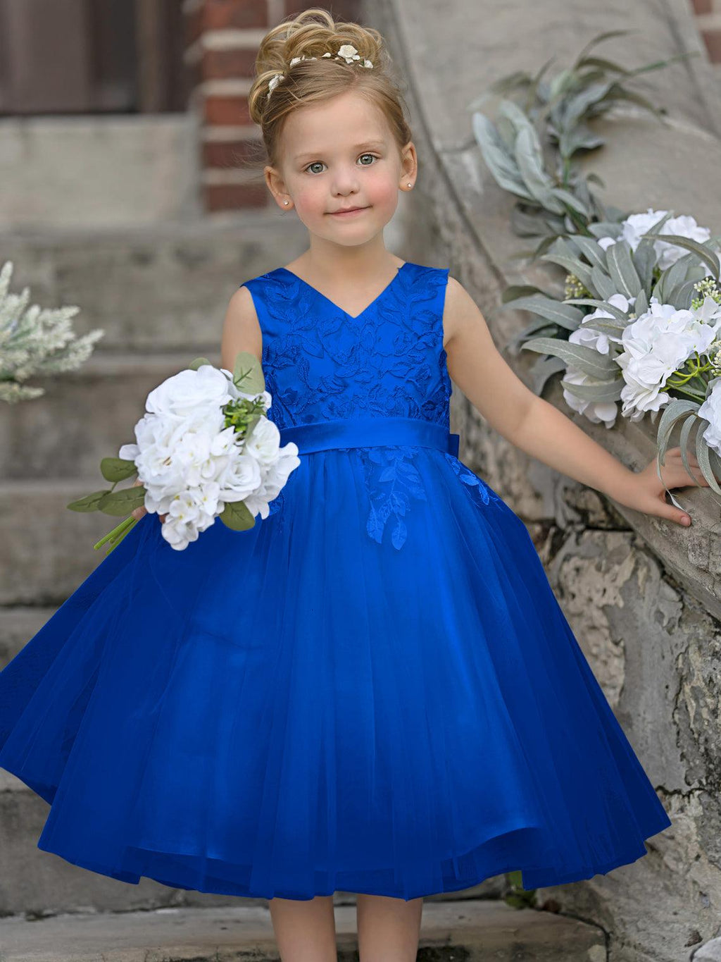 Vestido de niña de las flores sin mangas con encaje de tul hasta la rodilla 