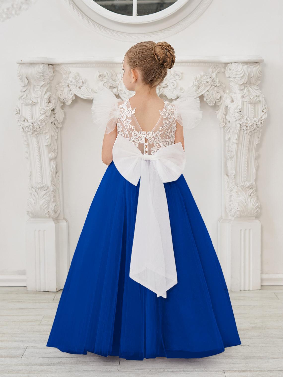Vestido de niña de las flores con cola larga y tul con encaje desmontable 