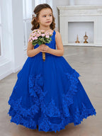 Vestido de princesa de tul sin mangas con apliques de encaje y cola larga para niñas 