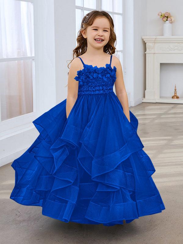 Schieferblaues ärmelloses A-Linien-Prinzessinnenkleid aus Tüll für Blumenmädchen 
