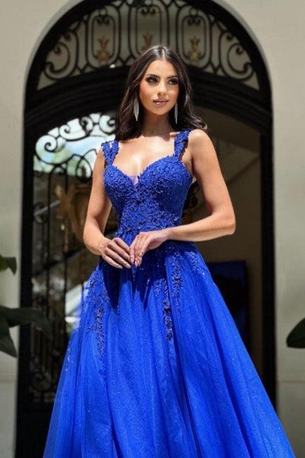 Royalblaue ärmellose Ballkleider mit A-Linie und Spitze