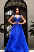 Royalblaue ärmellose Ballkleider mit A-Linie und Spitze