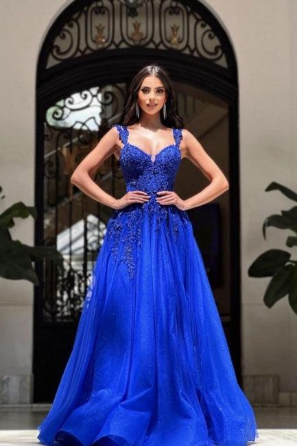 Royalblaue ärmellose Ballkleider mit A-Linie und Spitze