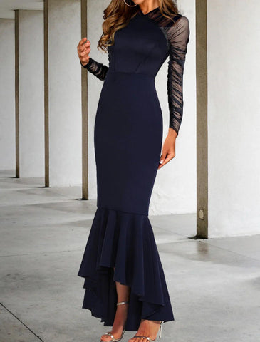 Meerjungfrau/Trompete Ballkleider Elegantes Kleid Formeller Hochzeitsgast Asymmetrisch Langarm V-Ausschnitt Stretchstoff mit gerafften Rüschen