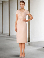 Two Piece Sheath / Column Mother of the Bride Dress Church Elegant Winter With Jacket Short Sleeve V Neck Knee Length Lace Stretch Chiffon Appliques Side-Draped