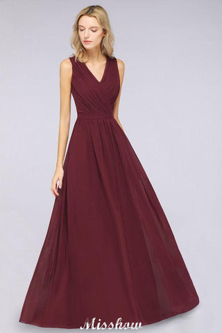Ruffle A-Line Floor-Length Bridesmaid Dress Chiffon Lace V-Neck Evening Dress