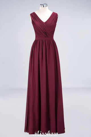Ruffle A-Line Floor-Length Bridesmaid Dress Chiffon Lace V-Neck Evening Dress