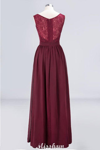 Ruffle A-Line Floor-Length Bridesmaid Dress Chiffon Lace V-Neck Evening Dress