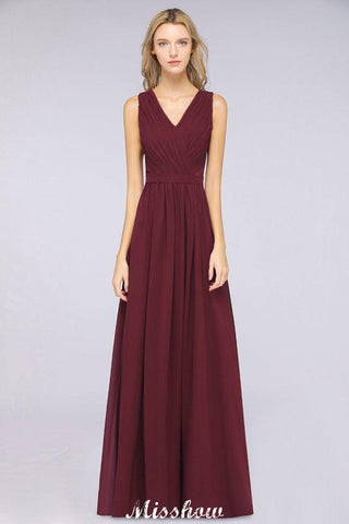 Ruffle A-Line Floor-Length Bridesmaid Dress Chiffon Lace V-Neck Evening Dress
