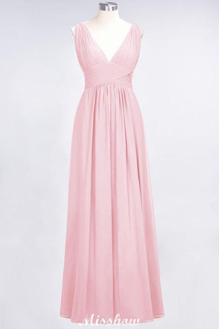 Ruffle Chiffon Sleeveless Evening Maxi Gown V-Neck Bridesmaid Dress