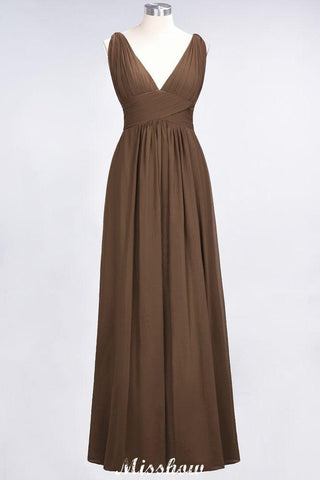 Ruffle Chiffon Sleeveless Evening Maxi Gown V-Neck Bridesmaid Dress