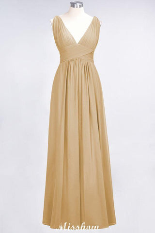 Ruffle Chiffon Sleeveless Evening Maxi Gown V-Neck Bridesmaid Dress