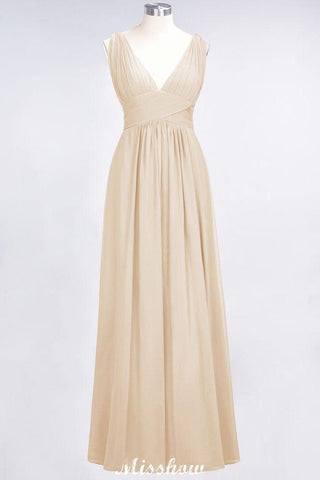 Ruffle Chiffon Sleeveless Evening Maxi Gown V-Neck Bridesmaid Dress