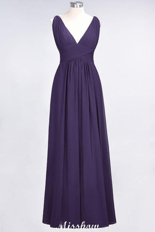 Ruffle Chiffon Sleeveless Evening Maxi Gown V-Neck Bridesmaid Dress