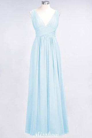Ruffle Chiffon Sleeveless Evening Maxi Gown V-Neck Bridesmaid Dress