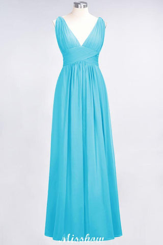 Ruffle Chiffon Sleeveless Evening Maxi Gown V-Neck Bridesmaid Dress