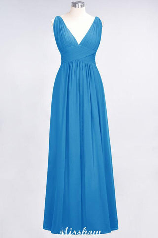 Ruffle Chiffon Sleeveless Evening Maxi Gown V-Neck Bridesmaid Dress