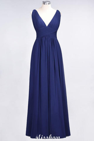 Ruffle Chiffon Sleeveless Evening Maxi Gown V-Neck Bridesmaid Dress