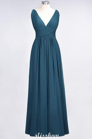 Ruffle Chiffon Sleeveless Evening Maxi Gown V-Neck Bridesmaid Dress