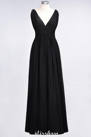 Ruffle Chiffon Sleeveless Evening Maxi Gown V-Neck Bridesmaid Dress