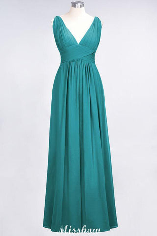 Ruffle Chiffon Sleeveless Evening Maxi Gown V-Neck Bridesmaid Dress