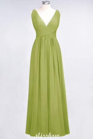 Ruffle Chiffon Sleeveless Evening Maxi Gown V-Neck Bridesmaid Dress