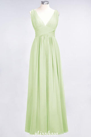 Ruffle Chiffon Sleeveless Evening Maxi Gown V-Neck Bridesmaid Dress
