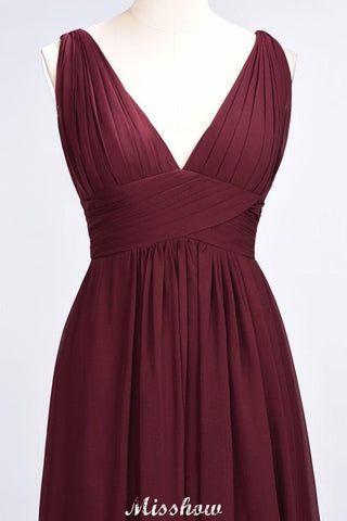 Ruffle Chiffon Sleeveless Evening Maxi Gown V-Neck Bridesmaid Dress