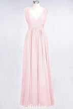 Ruffle Chiffon Sleeveless Evening Maxi Gown V-Neck Bridesmaid Dress