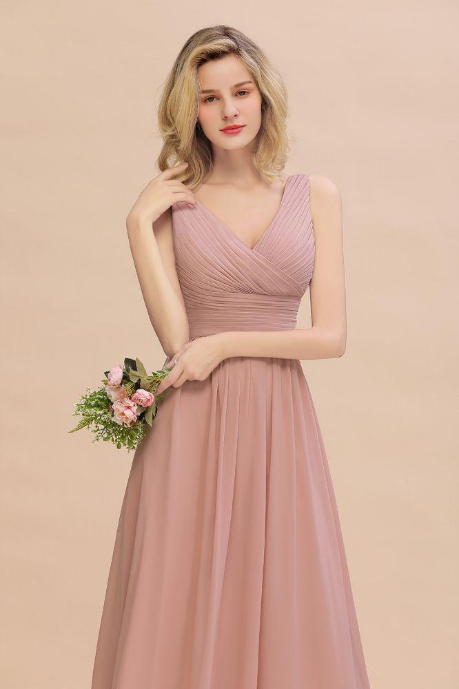 Ruffles V-Neck A-line Dusty Pink Bridesmaid Dresses | Sleeveless Floor-Length Evening Dresses