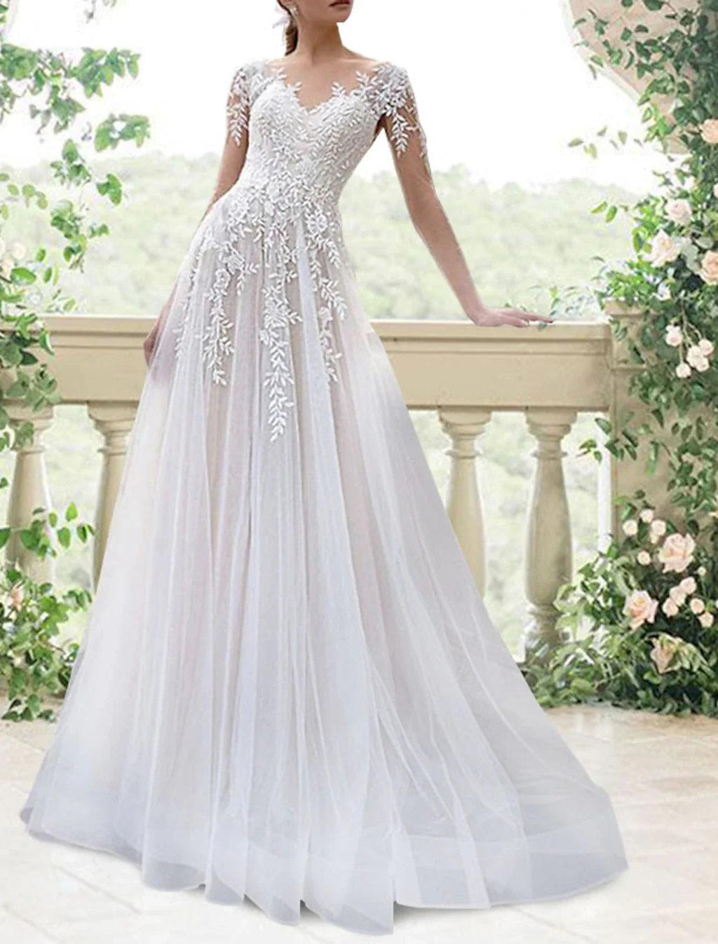 Vestidos de novia formales de otoño para compromiso, corte A, espalda abierta, cuello ilusión, manga larga, cola de corte, vestidos de novia de encaje con pliegues y apliques.