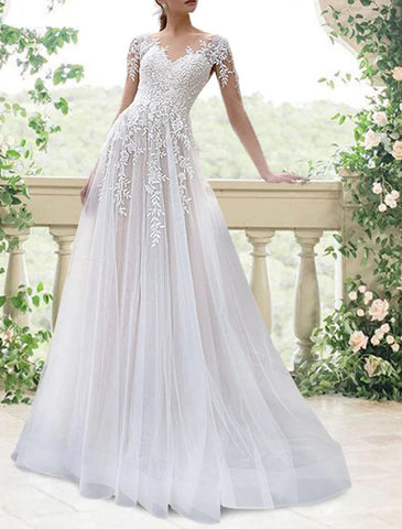 Verlobungs-Hochzeitskleider für den Herbst, A-Linie, offener Rücken, Illusionsausschnitt, lange Ärmel, Hofschleppe, Spitzen-Brautkleider mit Faltenapplikationen