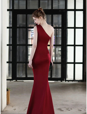 Meerjungfrau/Trompete Abendkleid Sexy Kleid Hochzeitsgast Formeller Abend Bodenlang Ärmellos Ein Schulter Stretch Satin mit Kristallen