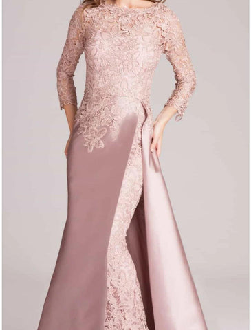 Meerjungfrau/Trompete Mutter der Braut Kleid Hochzeitsgast Elegante U-Ausschnitt Bodenlang Satin Lange Ärmel mit Spitze Schlitz Vorne