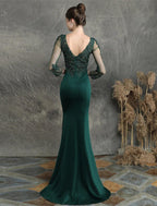 Vestidos de fiesta de sirena/trompeta, elegantes, formales, para invitados de boda, con cola larga y escote en V, de mezcla de algodón con apliques de cuentas.
