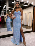 Vestidos de fiesta de sirena/trompeta con brillo y destellos, vestido formal para boda, fiesta, cola de corte, sin mangas, escote corazón con lentejuelas, espalda descubierta y abertura con lentejuelas