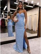 Vestidos de fiesta de sirena/trompeta con brillo y destellos, vestido formal para boda, fiesta, cola de corte, sin mangas, escote corazón con lentejuelas, espalda descubierta y abertura con lentejuelas