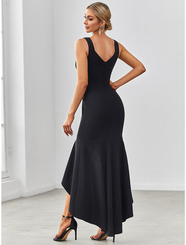 Meerjungfrau/Trompete Abendkleid Sexy Kleid Formeller Hochzeitsgast Asymmetrisch Ärmellos V-Ausschnitt Nylon V-Rücken mit Rüschen Drapierung