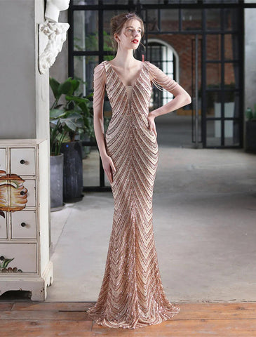 Vestidos de fiesta de sirena/trompeta con brillo y brillo, vestido formal para invitados de boda, largo hasta el suelo, sin mangas, cuello en V, con lentejuelas