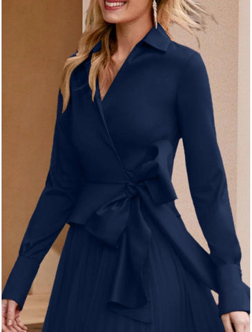 Elegantes, bodenlanges Kleid für Hochzeitsgäste aus Chiffon mit V-Ausschnitt und langen Ärmeln und Schleife(n), einfarbig